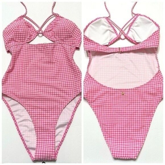 NWT VICTORIA’S SECRET GINGHAM CUT OUT PINK PADDED ONE PIECE SWIMSUIT XL - Picture 3 of 10